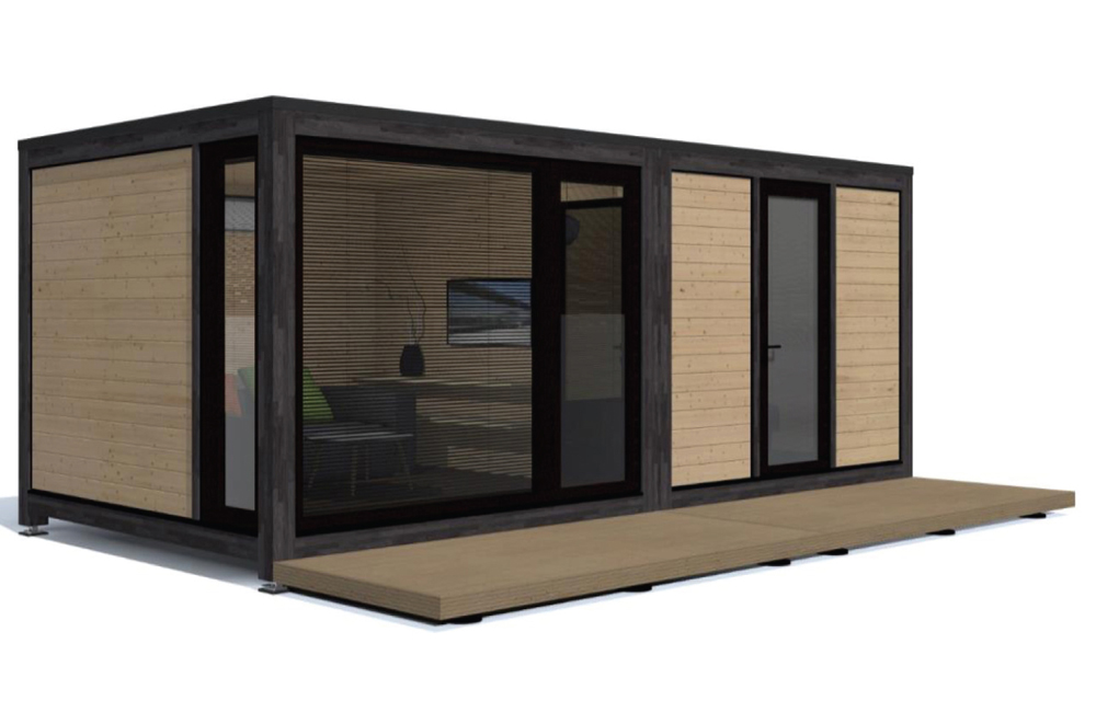 Coverhall modulaari mökki, olohuone ja makuuhuone