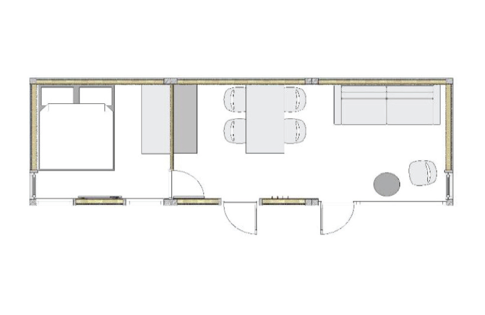 Coverhall modulaari mökki, laajennettu olohuone ja makuuhuone pohjapiirros