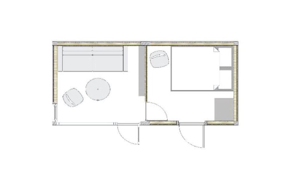 Coverhall modulaari mökki, olohuone ja makuuhuone pohjapiirros