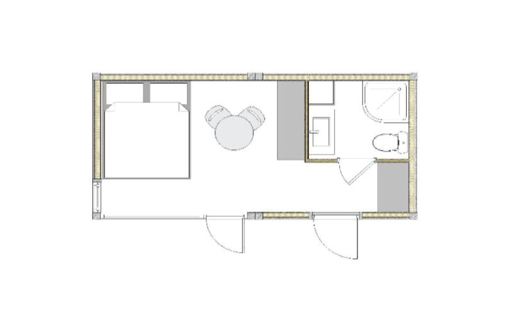 Coverhall modulaari mökki olohuone / makuuhuone ja kylpyhuone / wc pohjapiirros