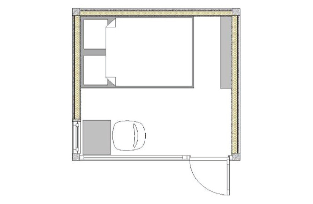 Coverhall modulaari mökki, olohuone / makuuhuone pohjapiirros