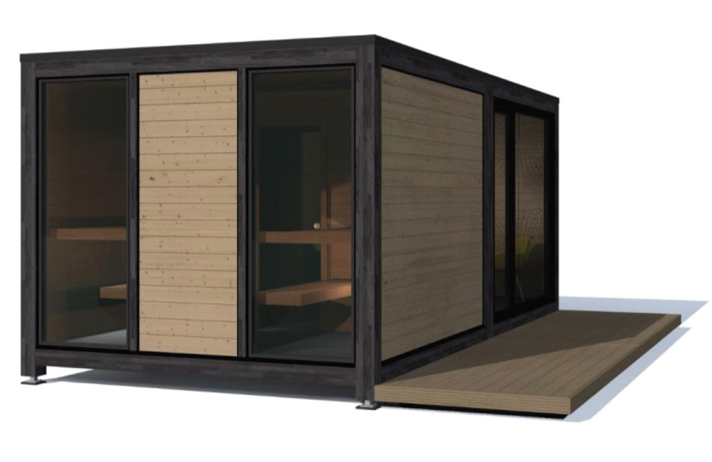 Coverhall, modulaarinen mökki, sauna, olohuone / makuuhuone
